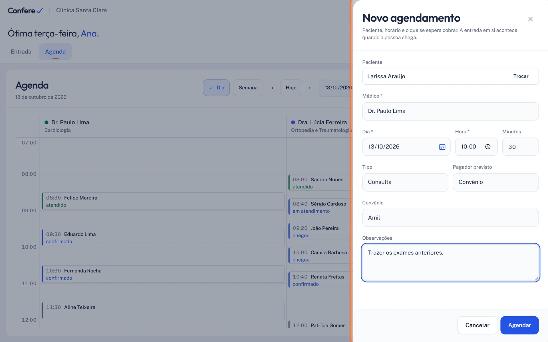 Painel Novo agendamento preenchido com paciente, médico, dia, hora, minutos, tipo, pagador previsto, convênio e observações
