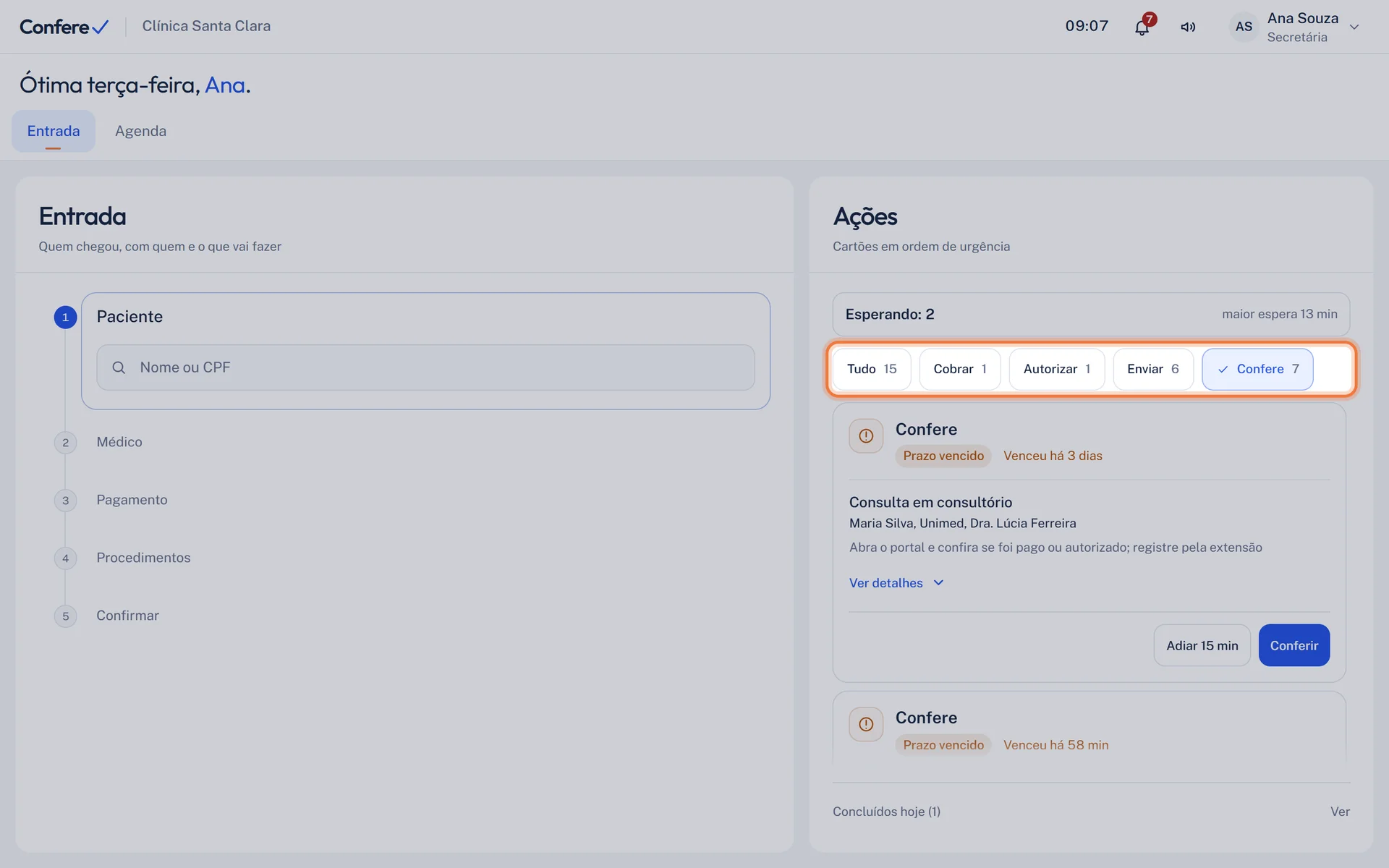 Filtros Tudo, Cobrar, Autorizar, Enviar e Confere, com o Confere escolhido