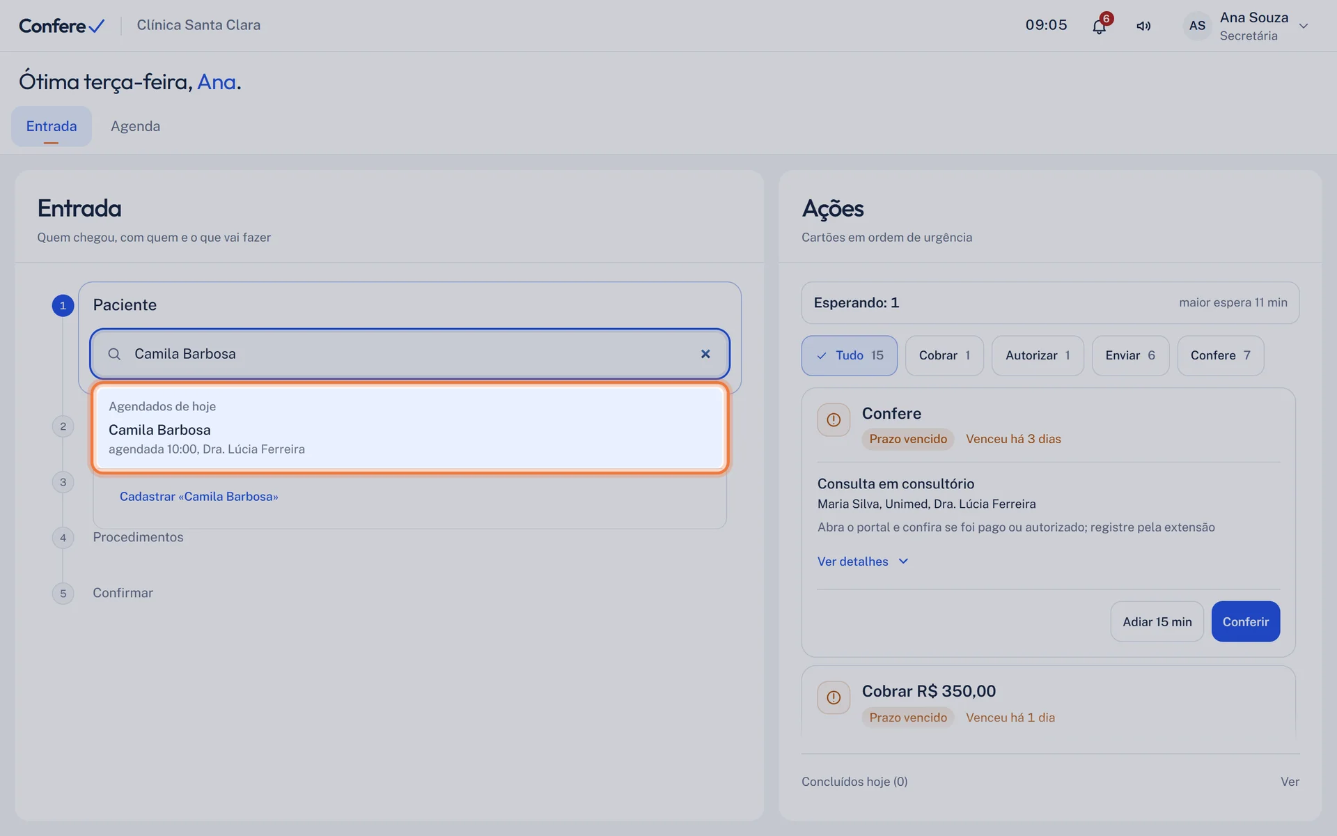 Busca com o nome digitado e a linha do agendado em destaque, com o horário e o médico