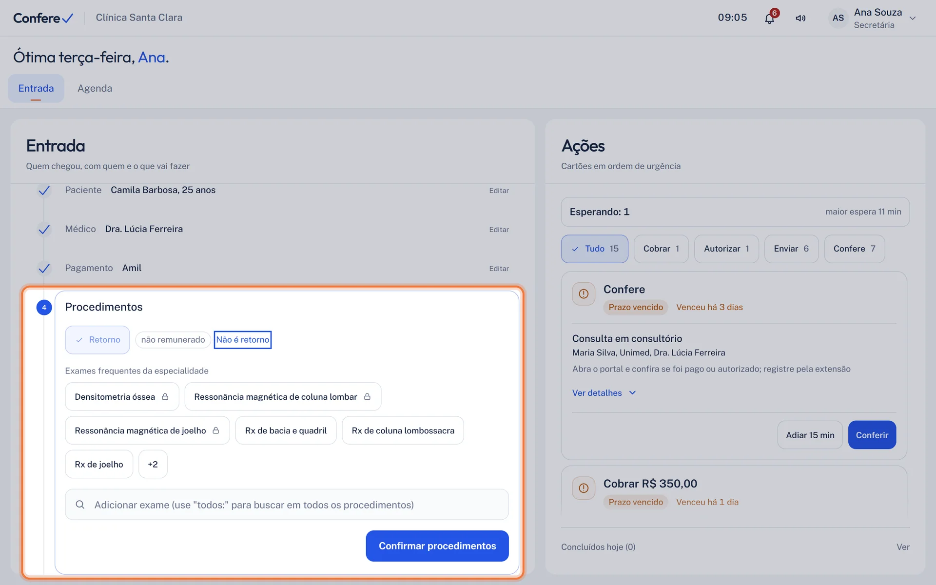 Bloco Procedimentos com a consulta já marcada, aqui como Retorno com o aviso não remunerado e o link Não é retorno, os exames frequentes da especialidade, o campo Adicionar exame e o botão Confirmar procedimentos