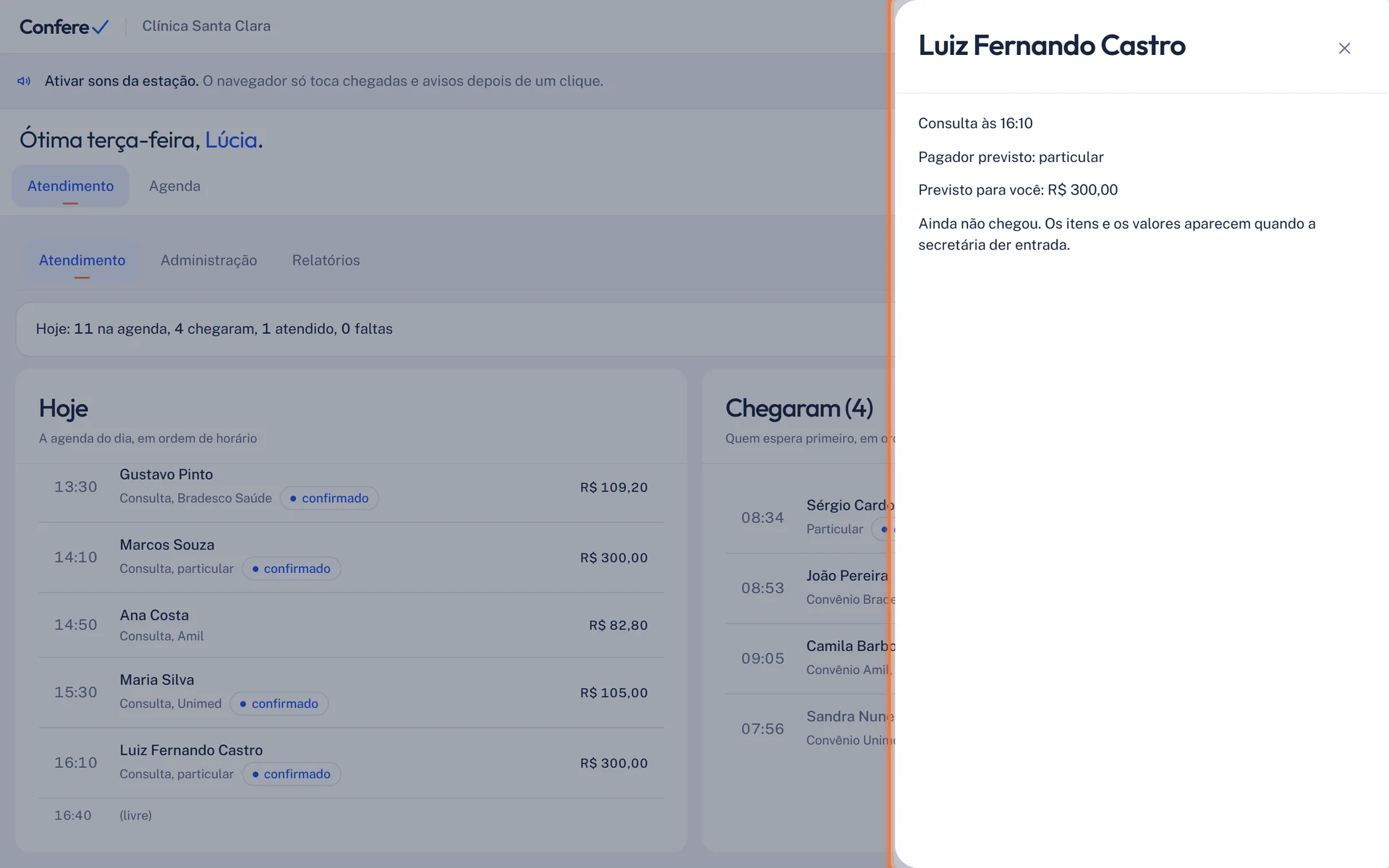 Painel de um horário ainda sem entrada, com Pagador previsto e Previsto para você