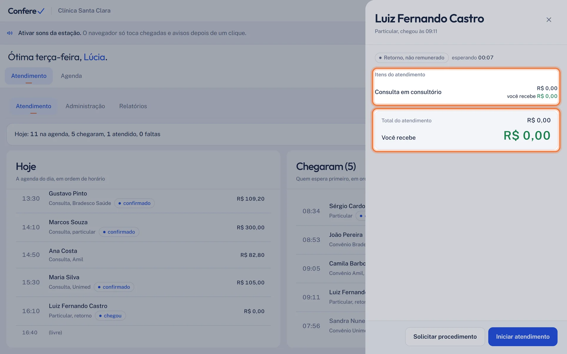Painel do paciente com os itens do atendimento, o Total do atendimento e o número grande Você recebe