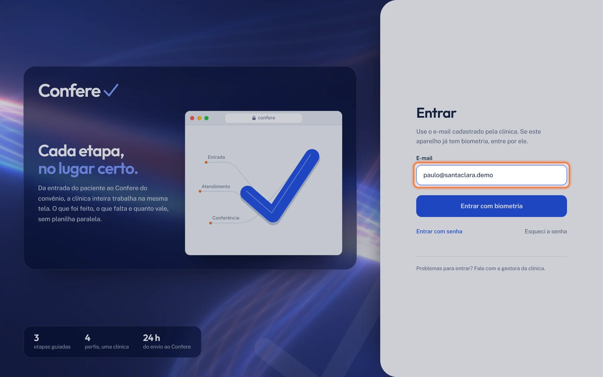 Tela Entrar com o campo E-mail preenchido e destacado