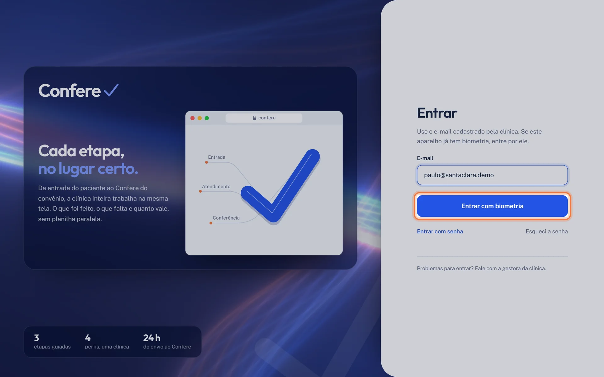 Botão Entrar com biometria destacado, logo abaixo do e-mail