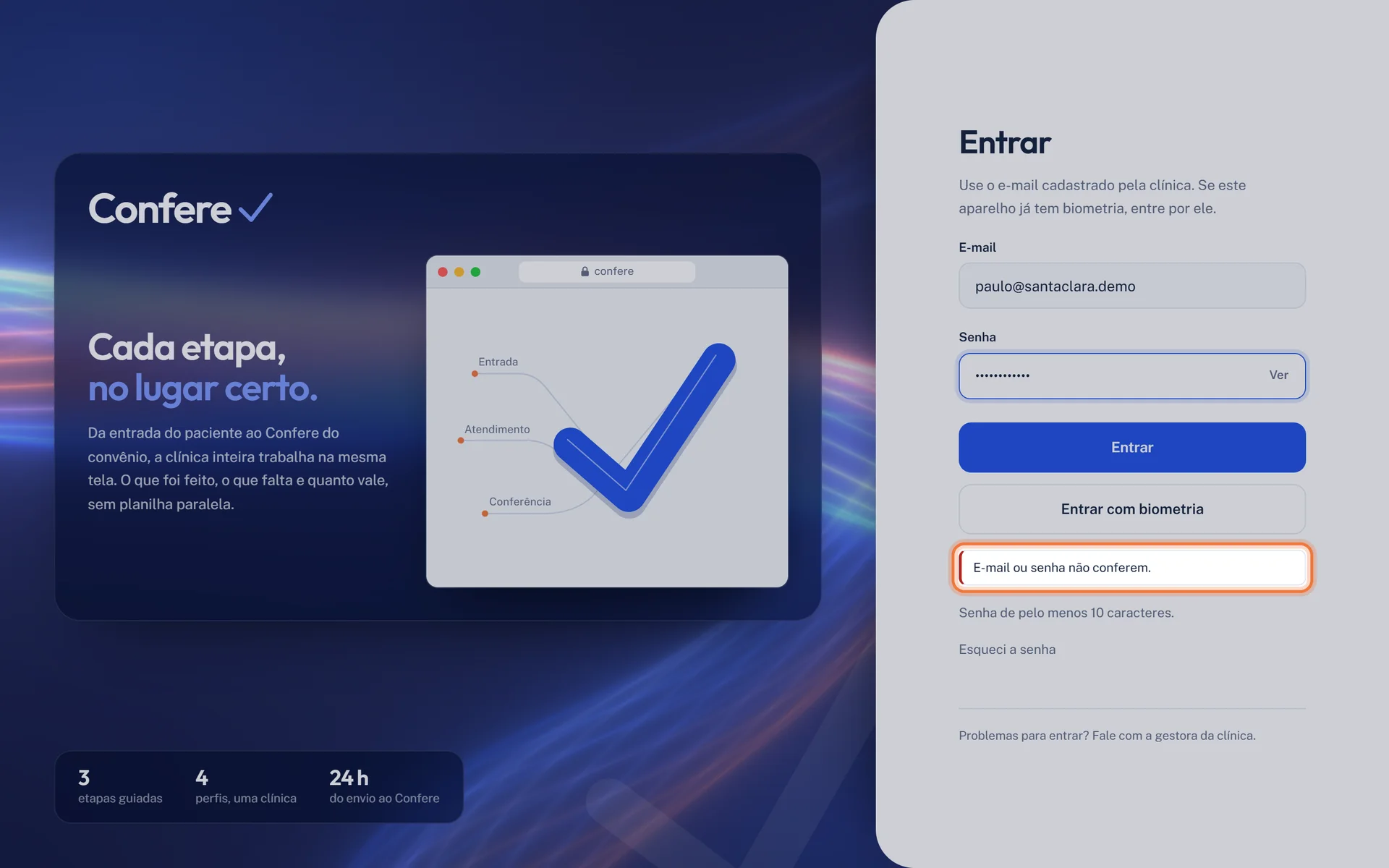 Aviso E-mail ou senha não conferem destacado abaixo dos botões
