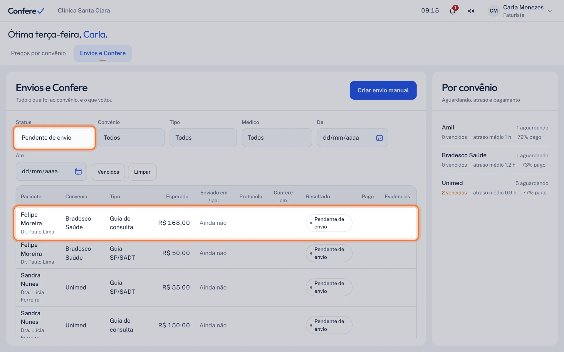 Filtro Status em Pendente de envio e a primeira guia de consulta pendente destacada na tabela