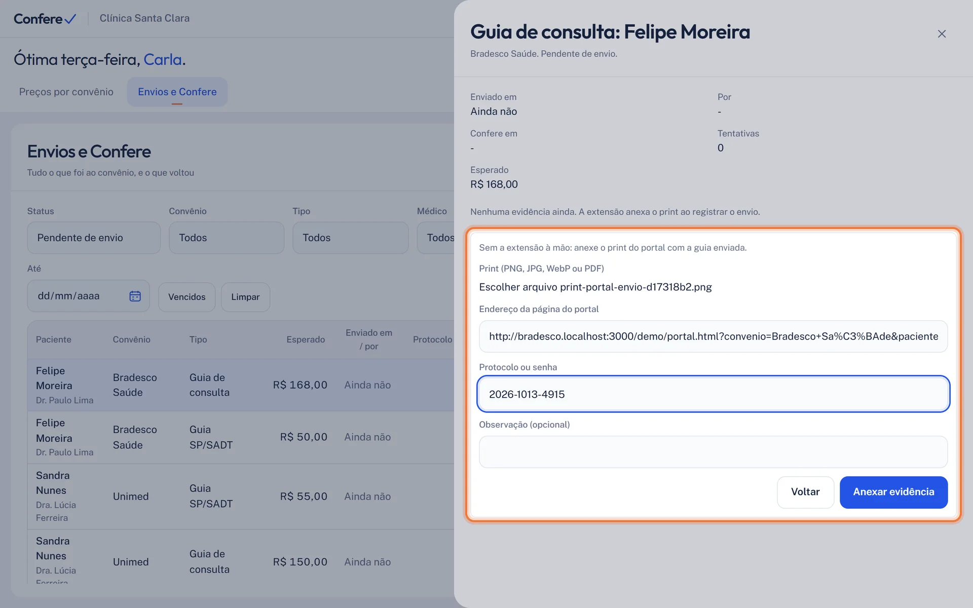 Formulário da evidência de envio com o print escolhido, o endereço do portal e o protocolo preenchidos