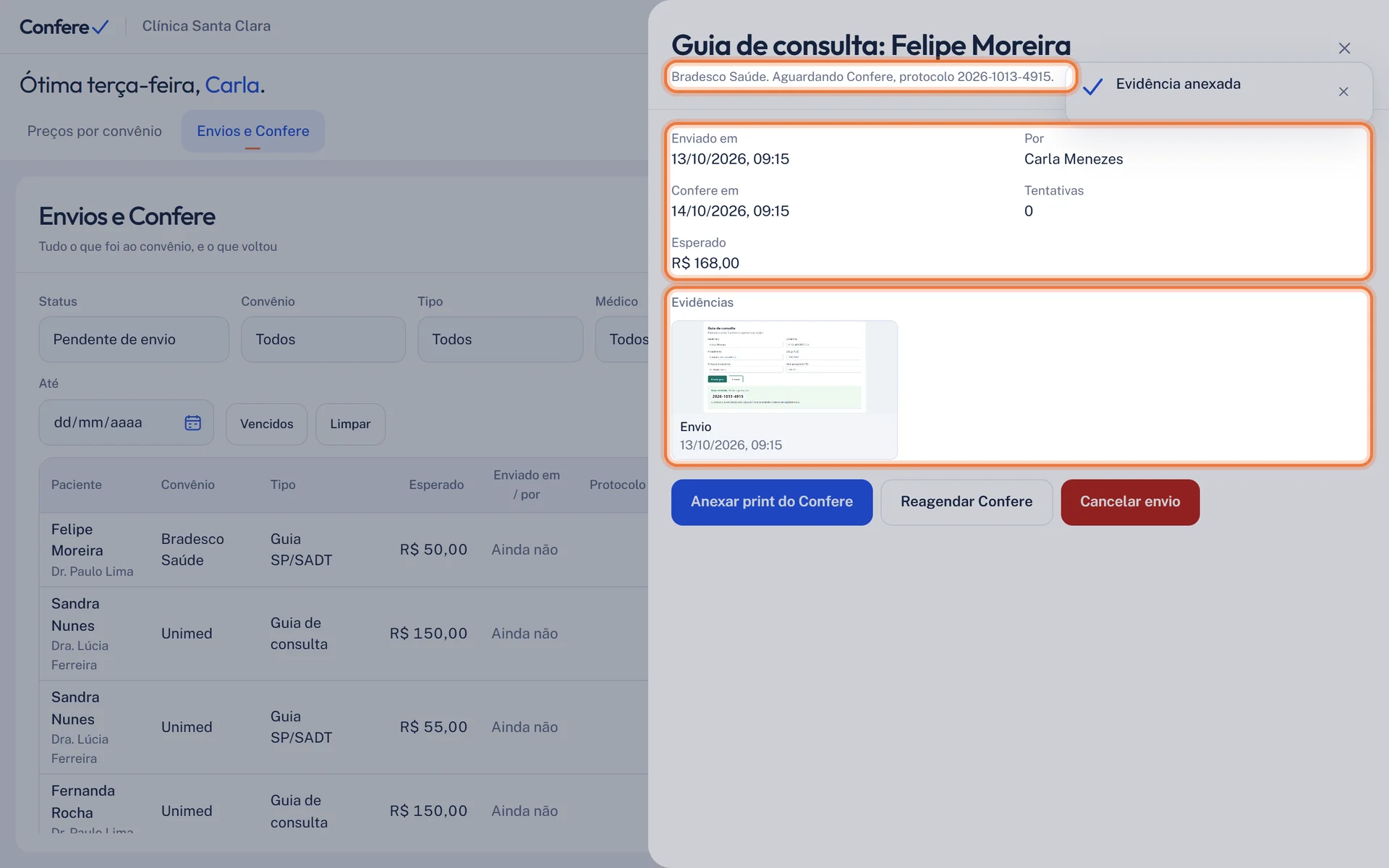 Gaveta da guia em Aguardando Confere, com a data do envio, a data do Confere, o valor esperado, o print do envio e o aviso Evidência anexada