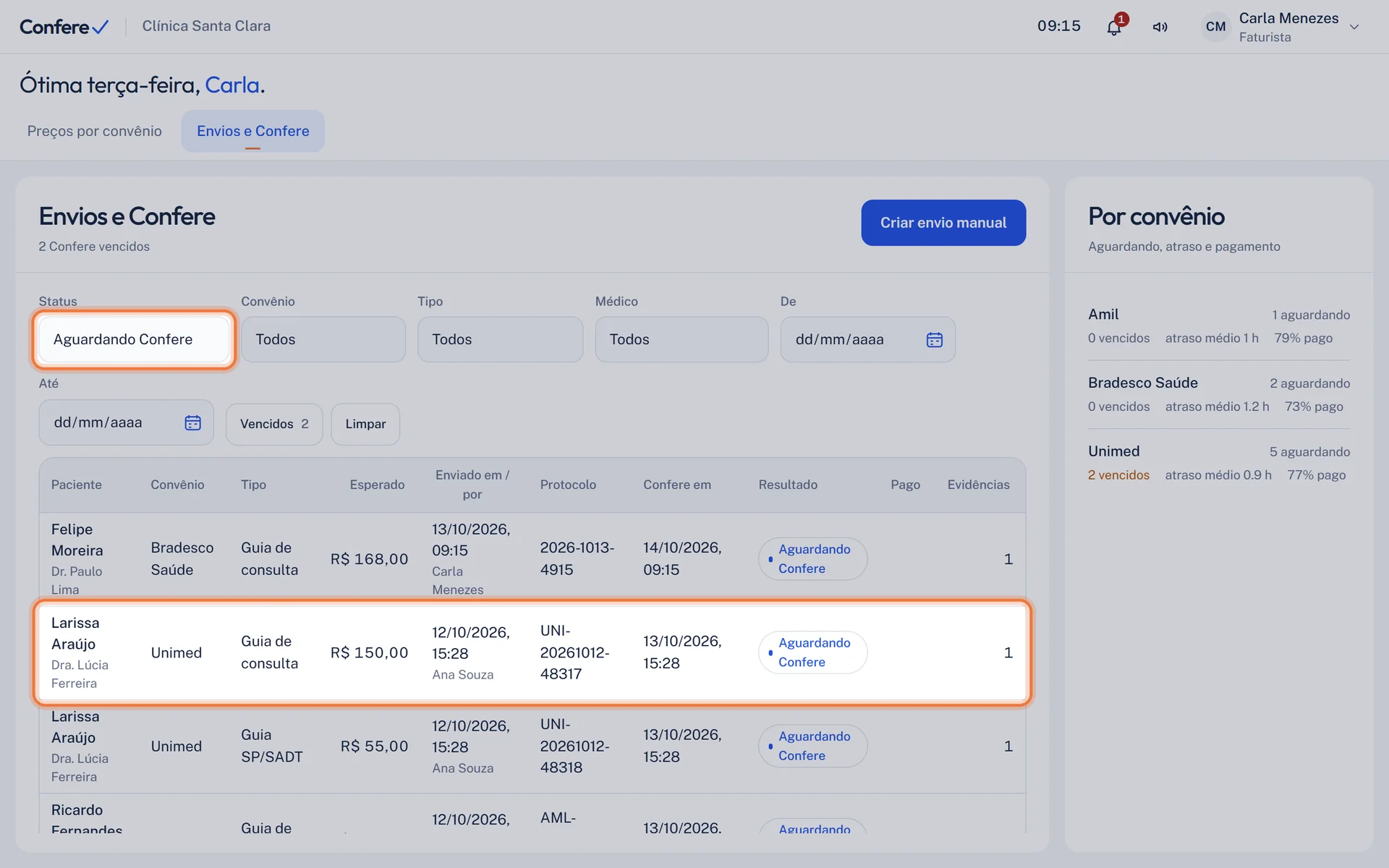 Tabela filtrada com as guias aguardando Confere e a guia escolhida destacada, com a data do Confere