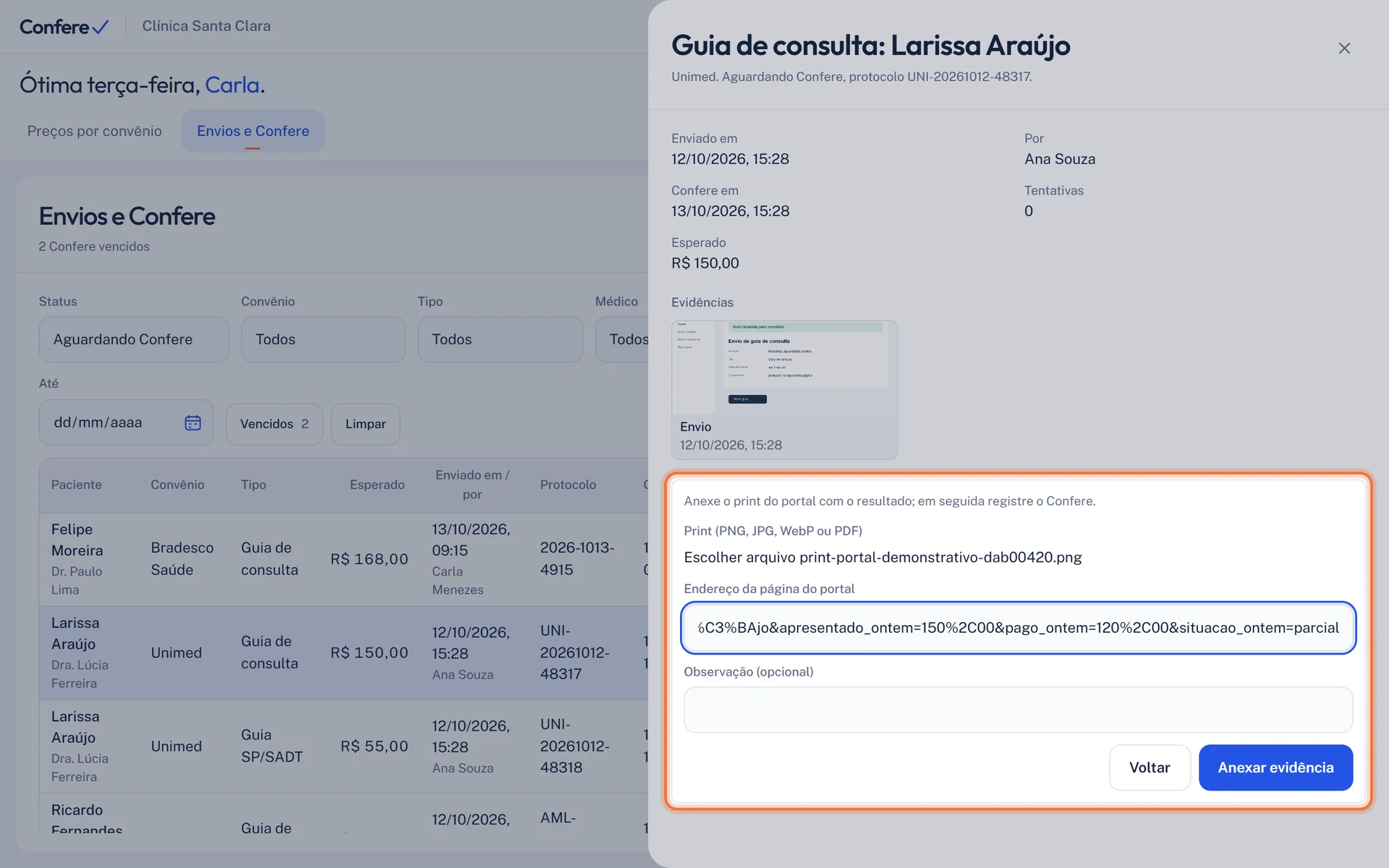 Formulário do print do Confere com o arquivo do demonstrativo e o endereço da página do portal