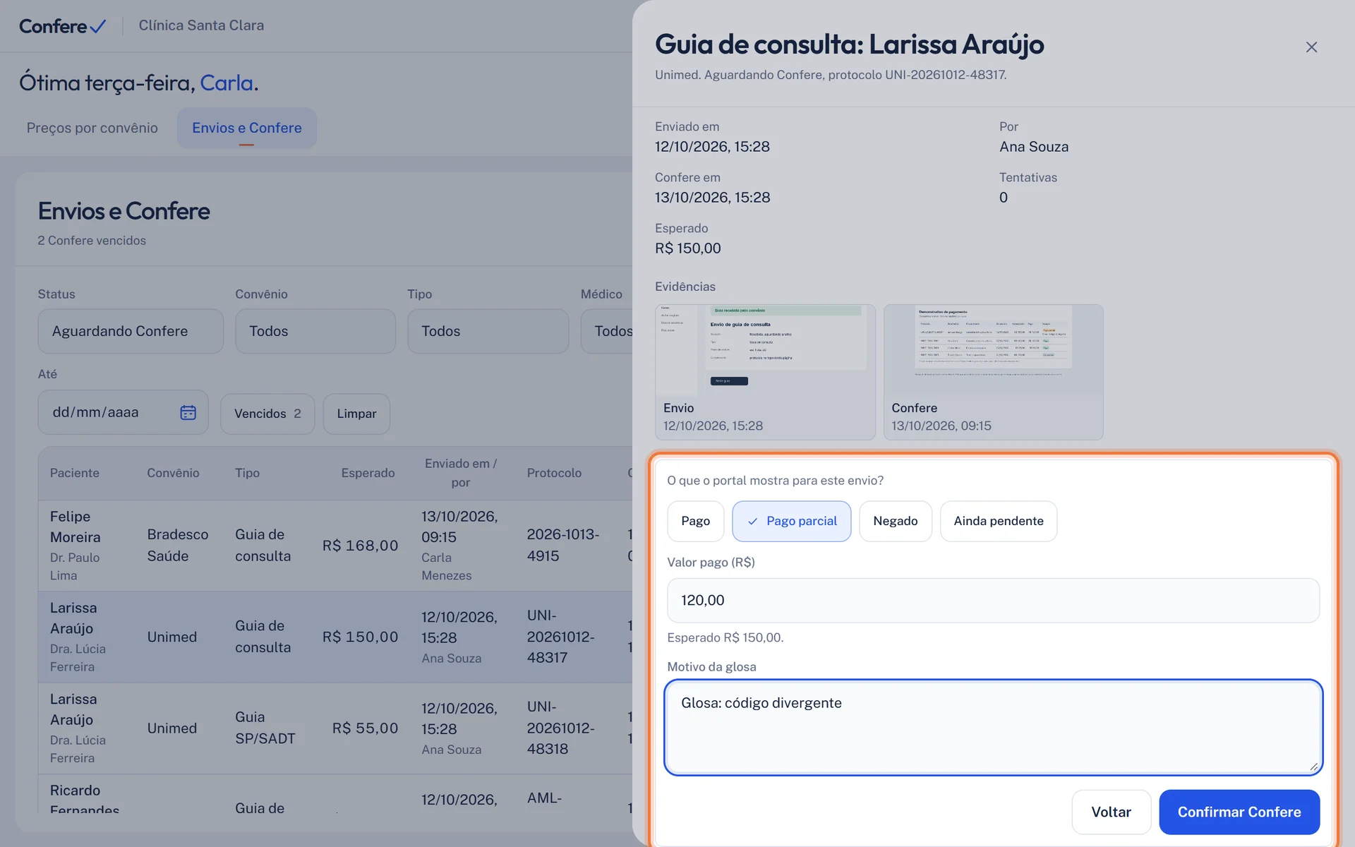 Resultado Pago parcial escolhido, o valor pago digitado com o valor esperado embaixo e o motivo da glosa preenchido