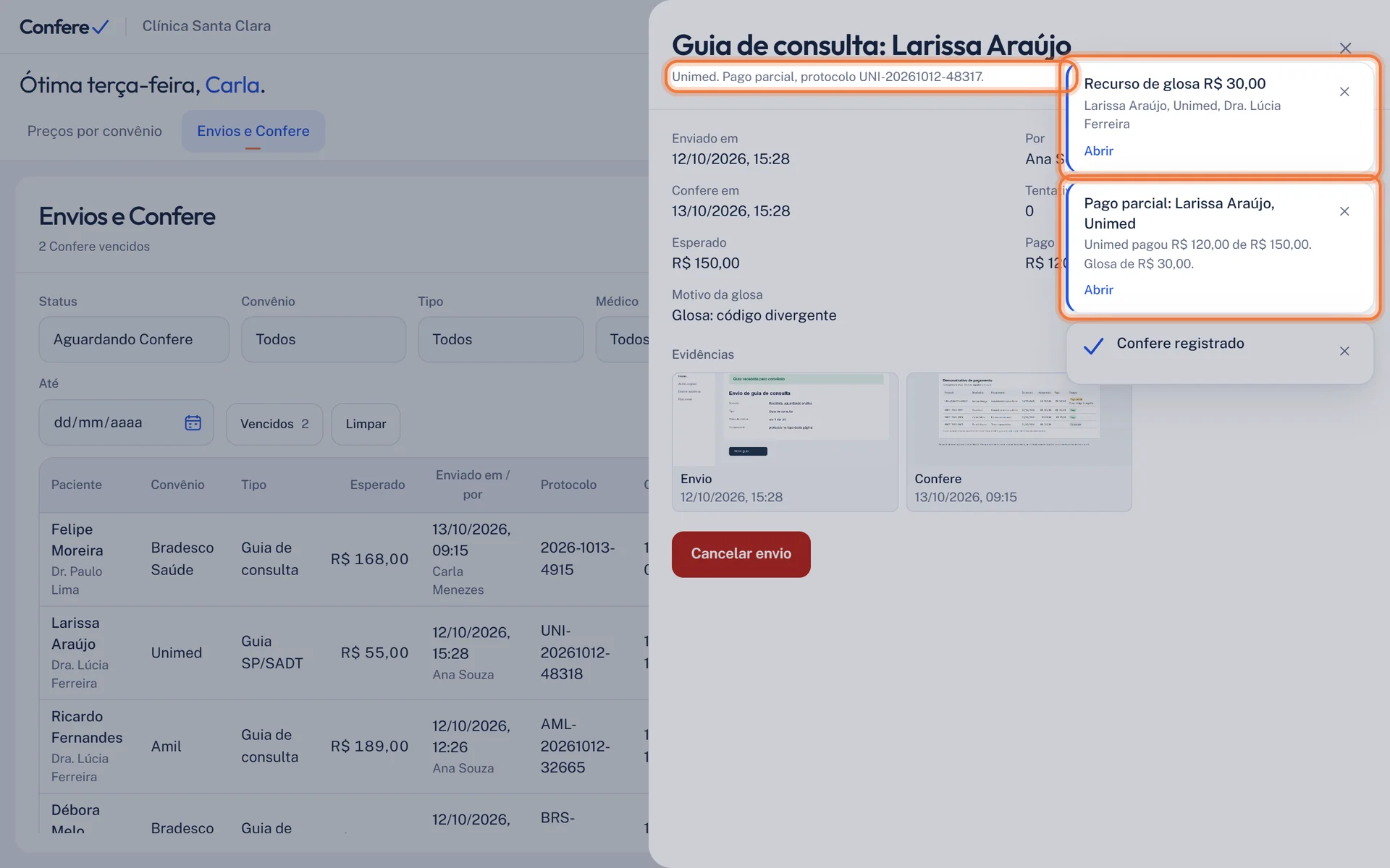 Gaveta da guia em Pago parcial e três avisos: Recurso de glosa com o valor, Pago parcial com o valor pago e a glosa, e Confere registrado