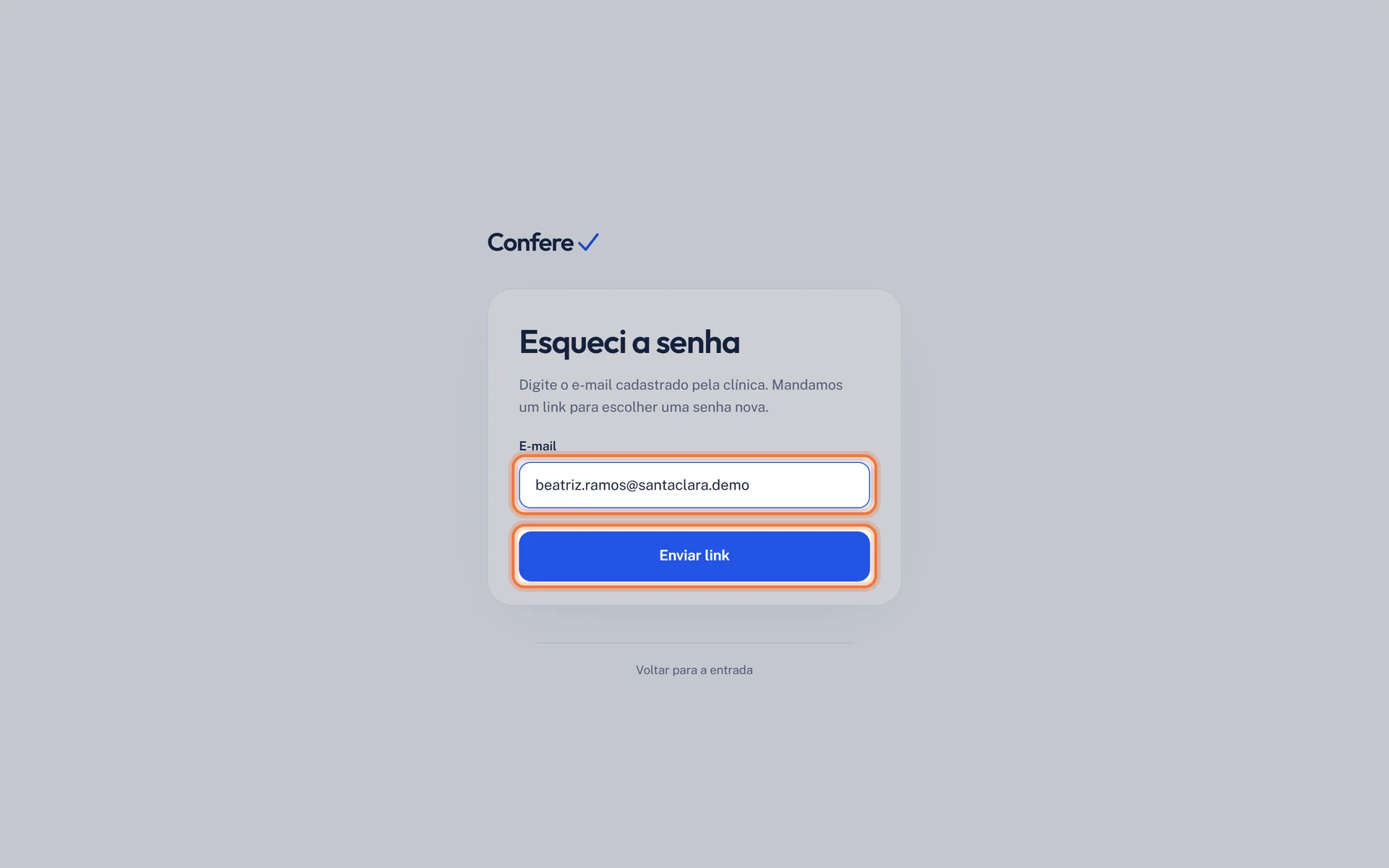 Tela Esqueci a senha com o e-mail preenchido e o botão Enviar link destacados