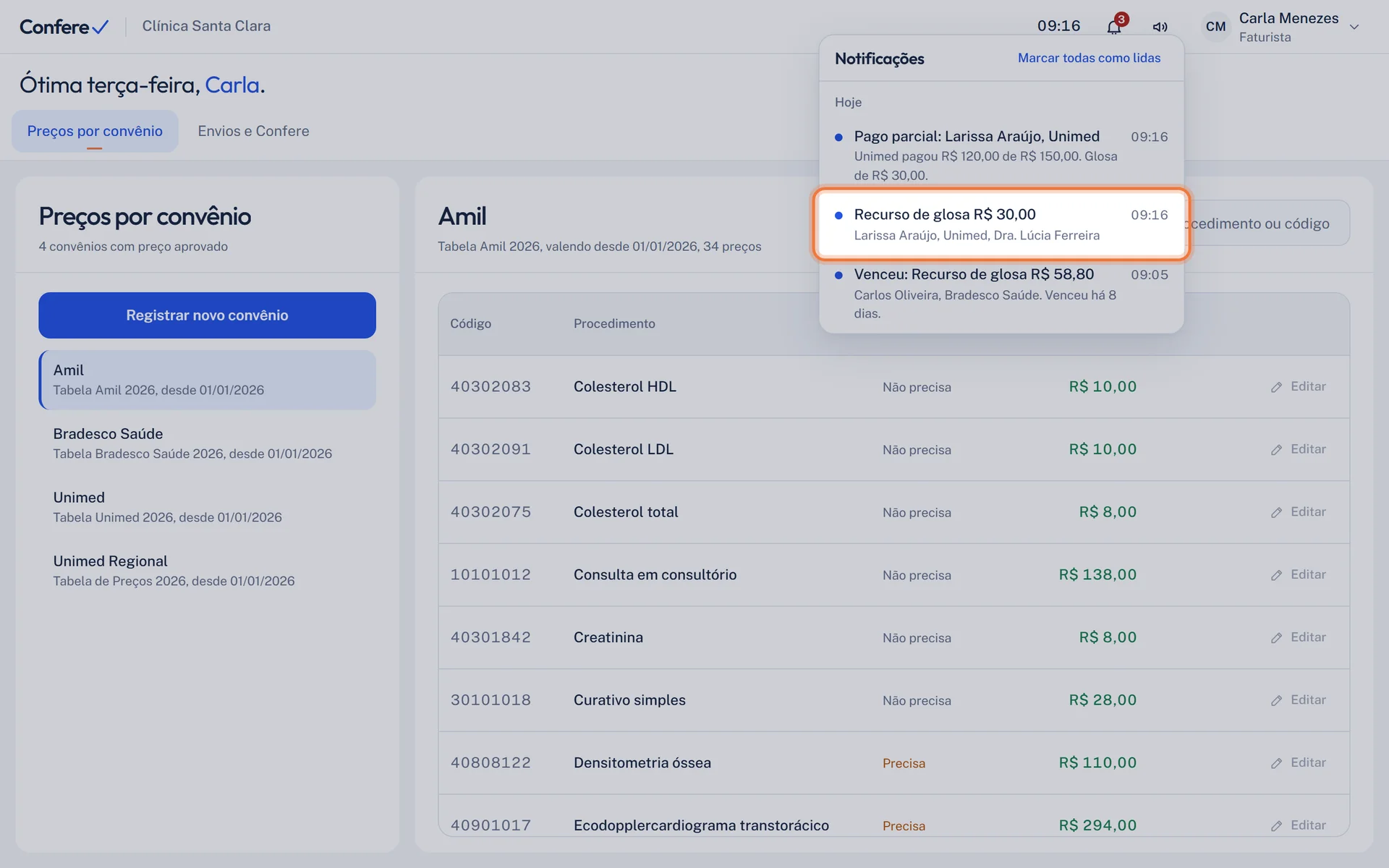 Painel de notificações aberto com o aviso Recurso de glosa, com o valor e o paciente, destacado