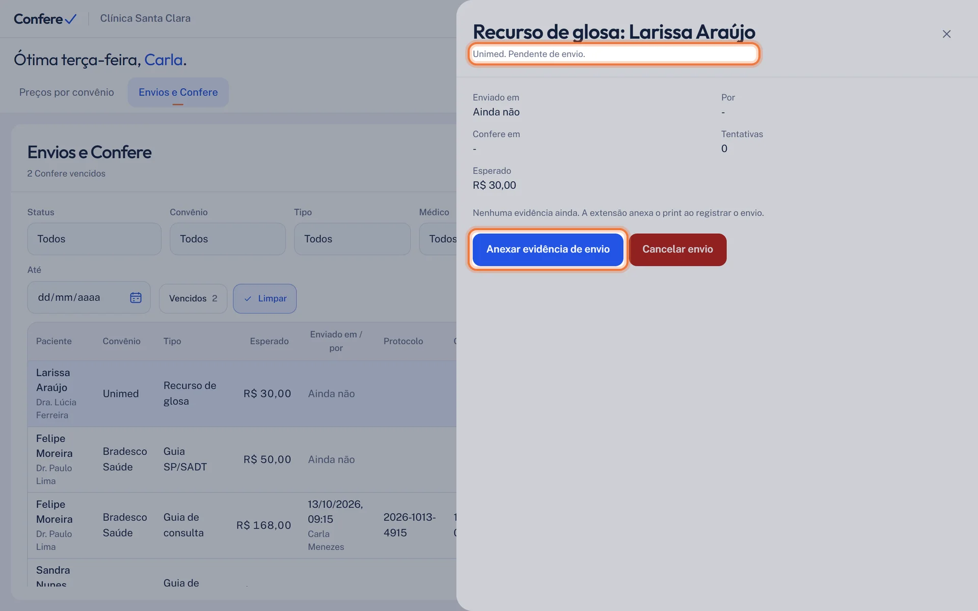 Gaveta do Recurso de glosa em Pendente de envio, com o botão Anexar evidência de envio