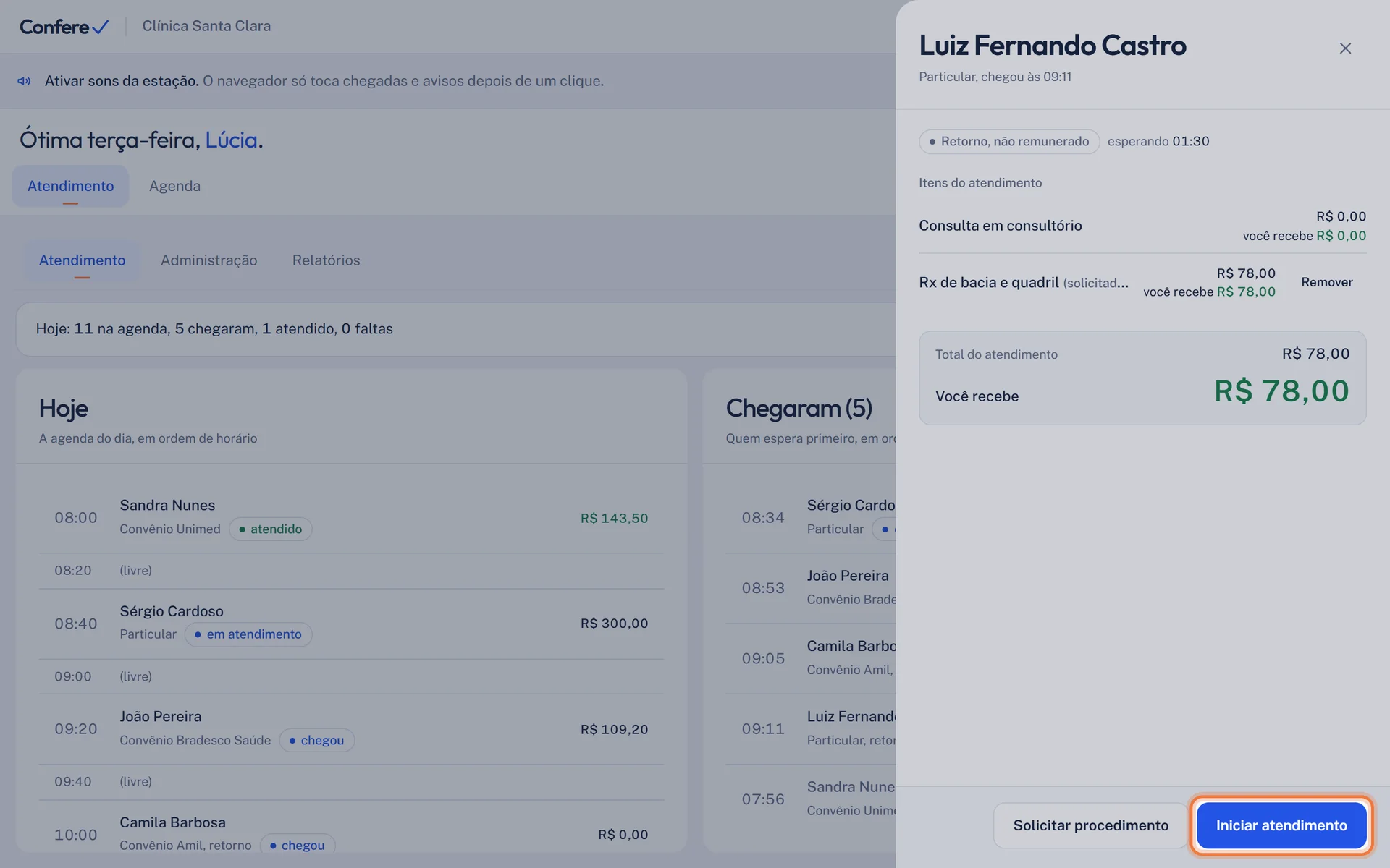 Painel do paciente com o botão Iniciar atendimento destacado