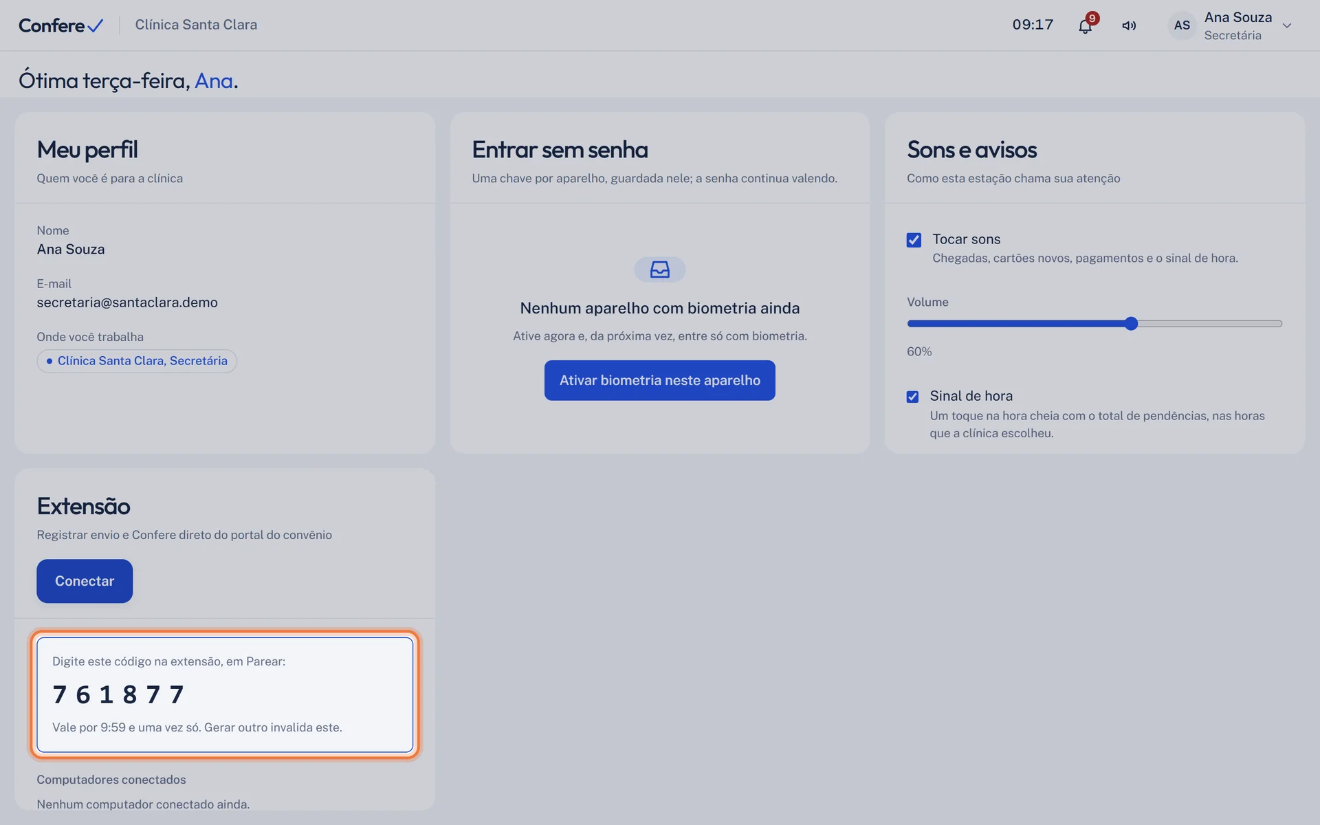 Painel Extensão em Meu perfil com o código de 6 dígitos e o tempo de validade