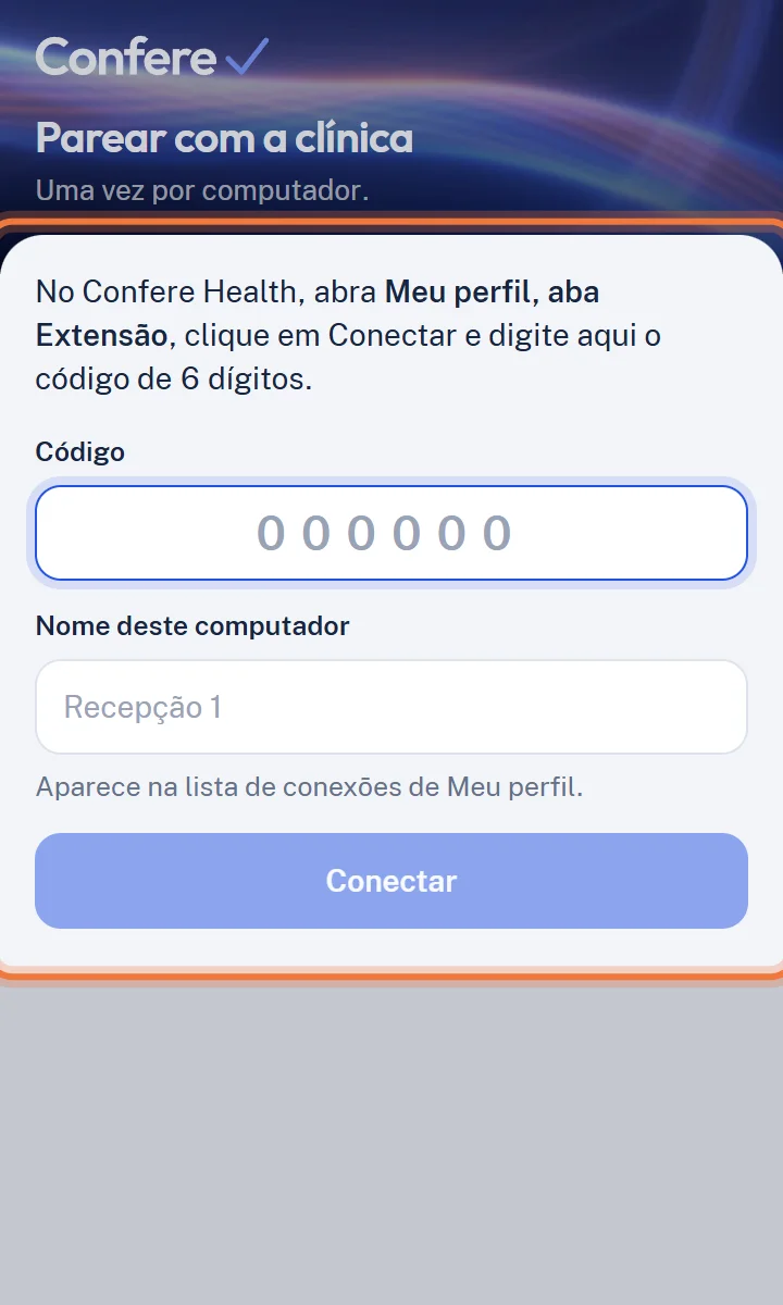 Extensão aberta na tela Parear com a clínica, com os campos Código e Nome deste computador
