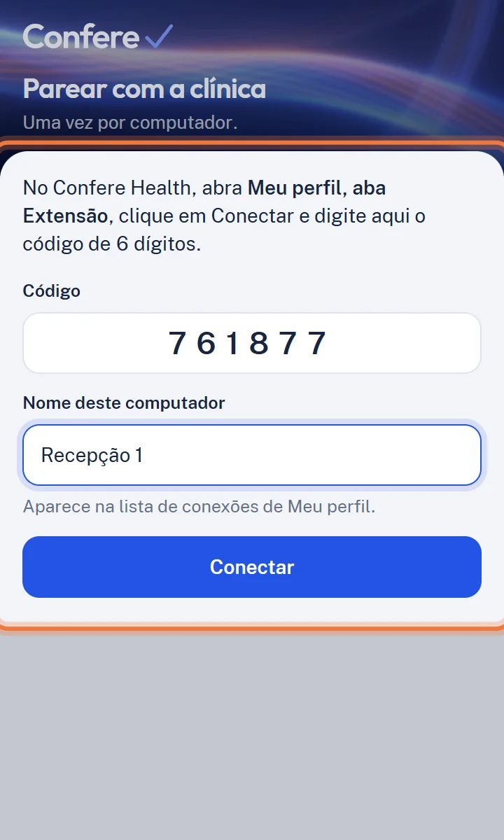 Tela Parear com a clínica com o código e o nome Recepção 1 preenchidos