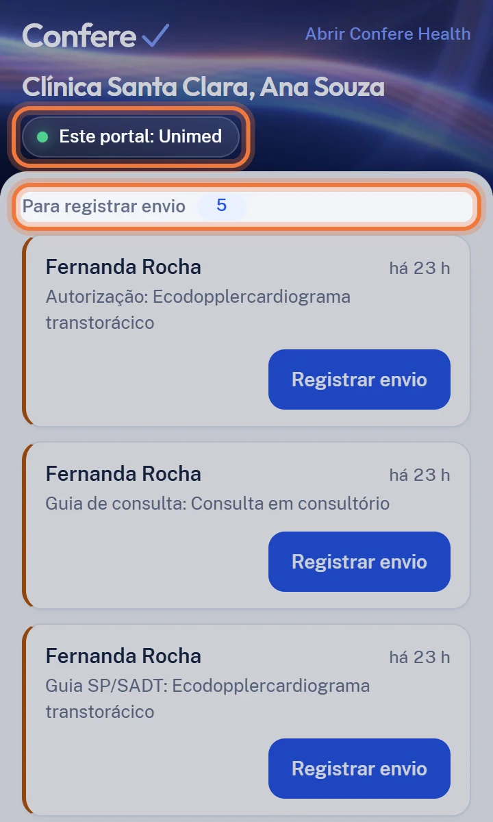 Extensão aberta no portal da Unimed, com Este portal: Unimed e as listas Para registrar envio e Para conferir