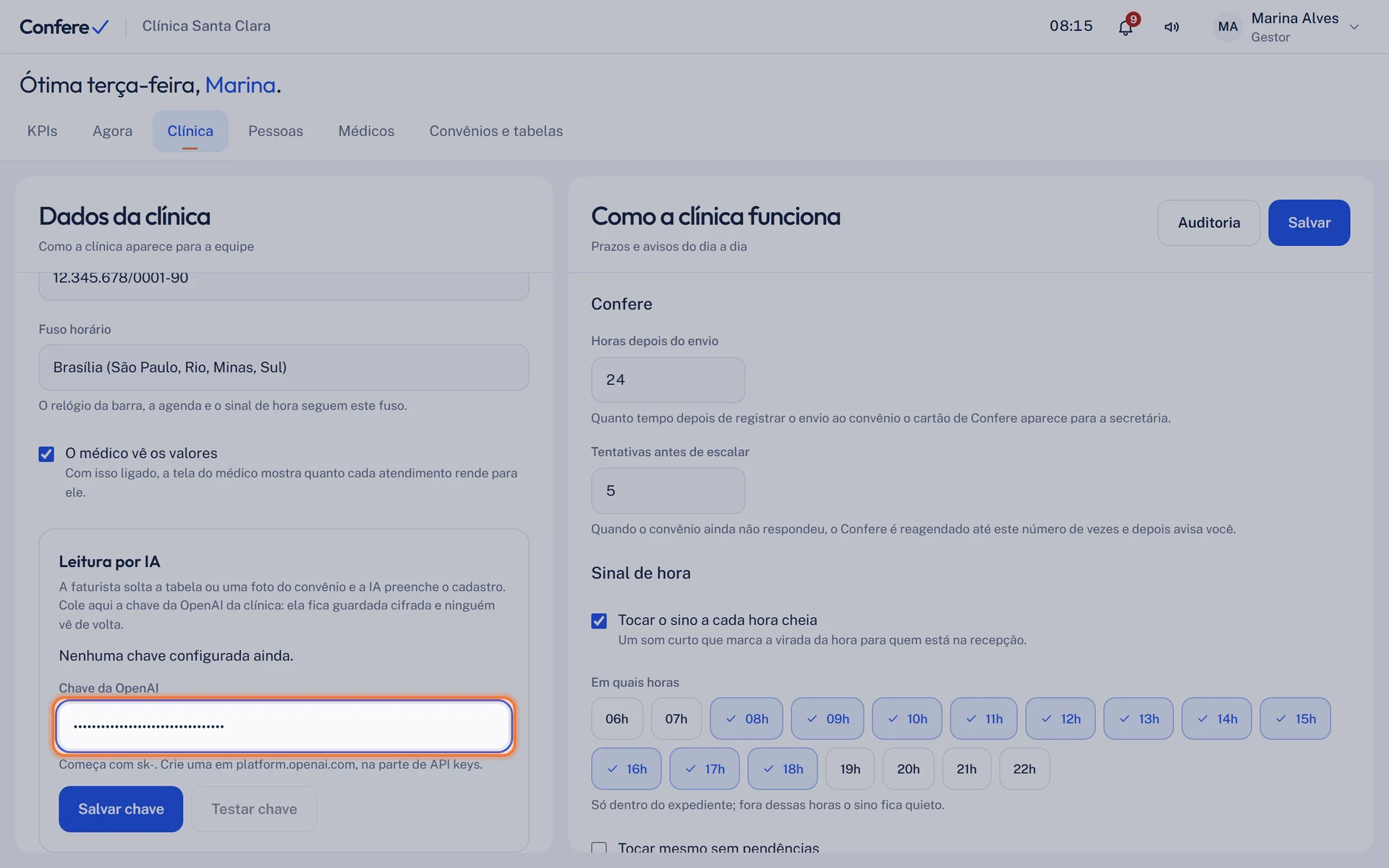 Campo Chave da OpenAI com a chave colada, escondida por pontos