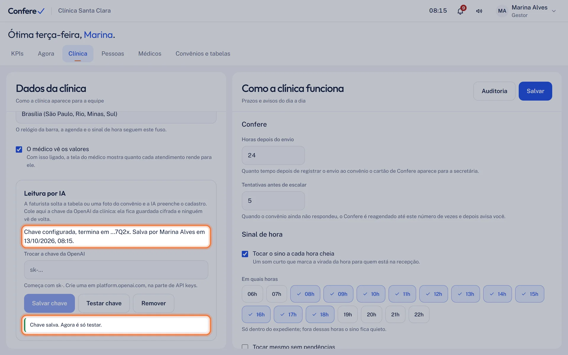 Seção Leitura por IA com Chave configurada, os quatro últimos caracteres e a mensagem Chave salva