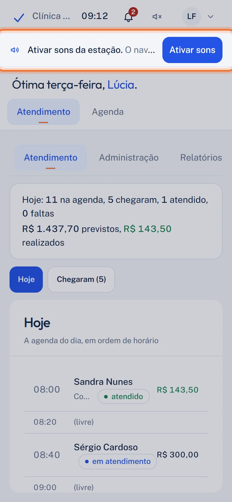 Faixa Ativar sons da estação destacada no alto da tela do celular