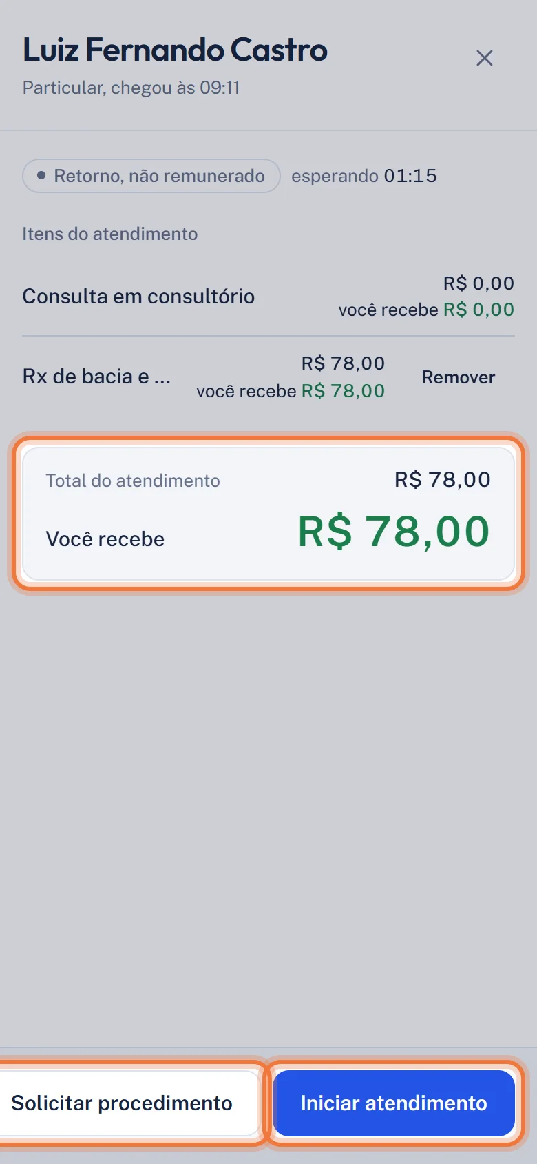 Painel do paciente na tela toda do celular, com o Você recebe e os botões do rodapé