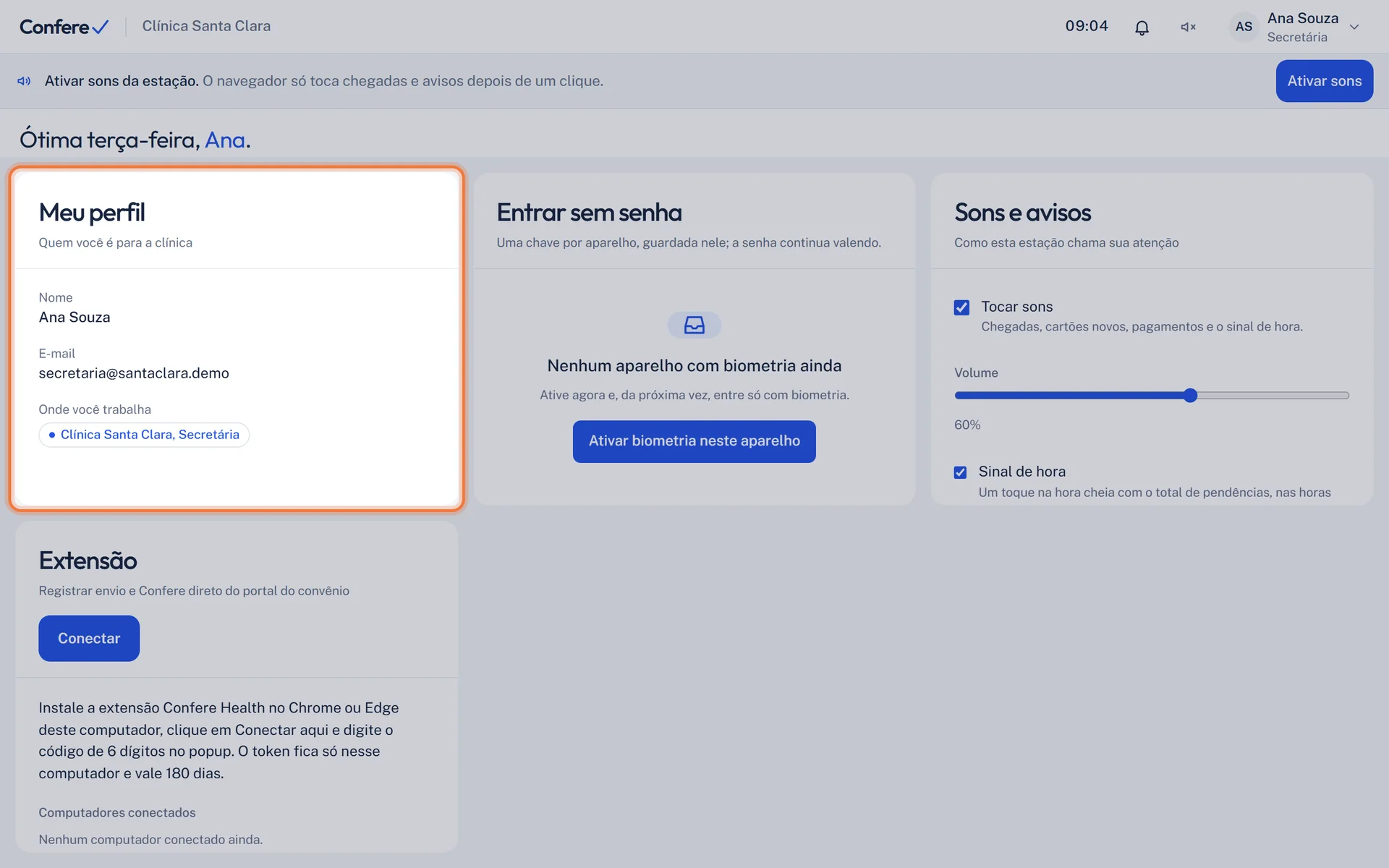 Painel Meu perfil com nome, e-mail e Onde você trabalha