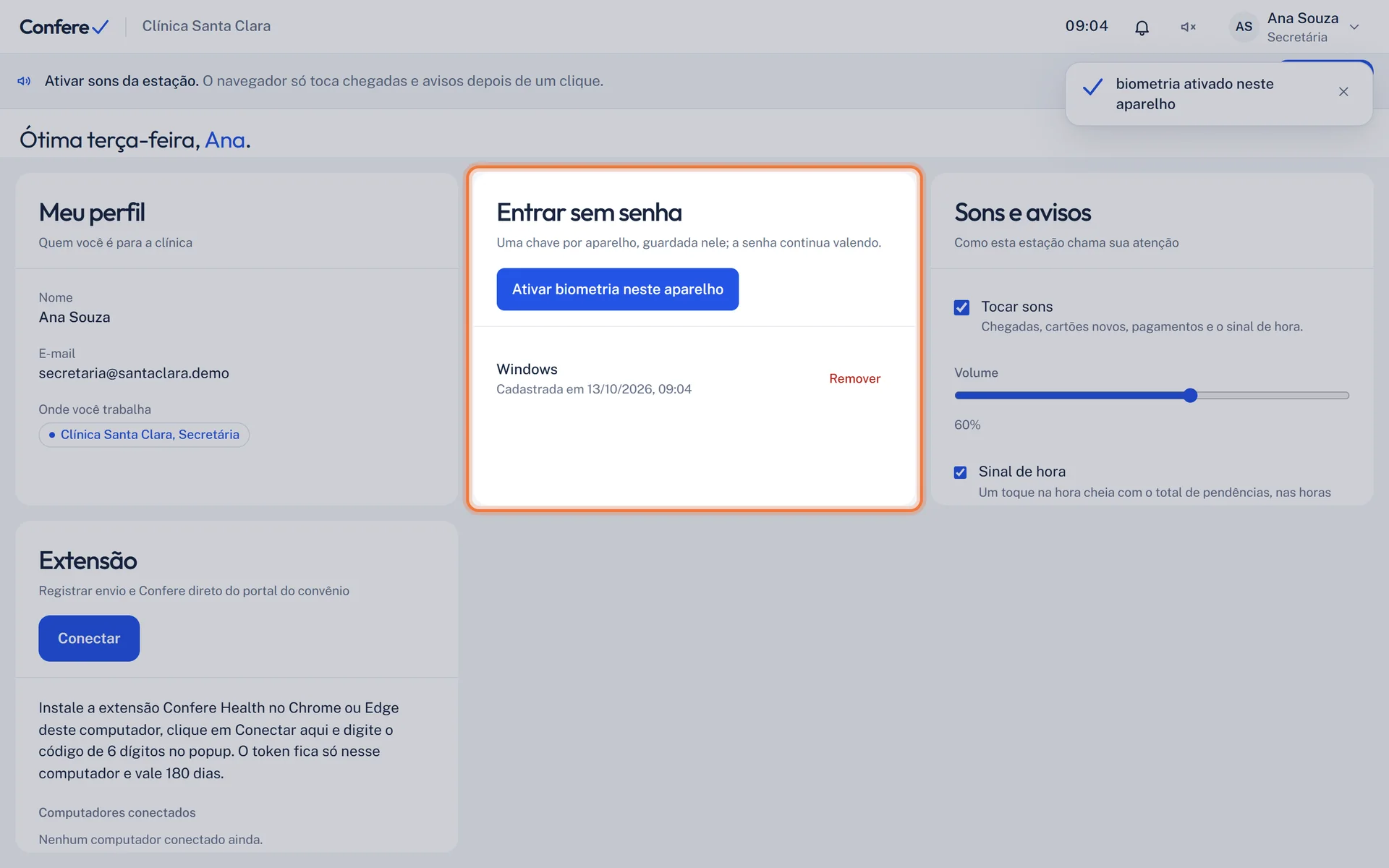 Painel Entrar sem senha com a chave do aparelho Windows cadastrada e o botão Remover