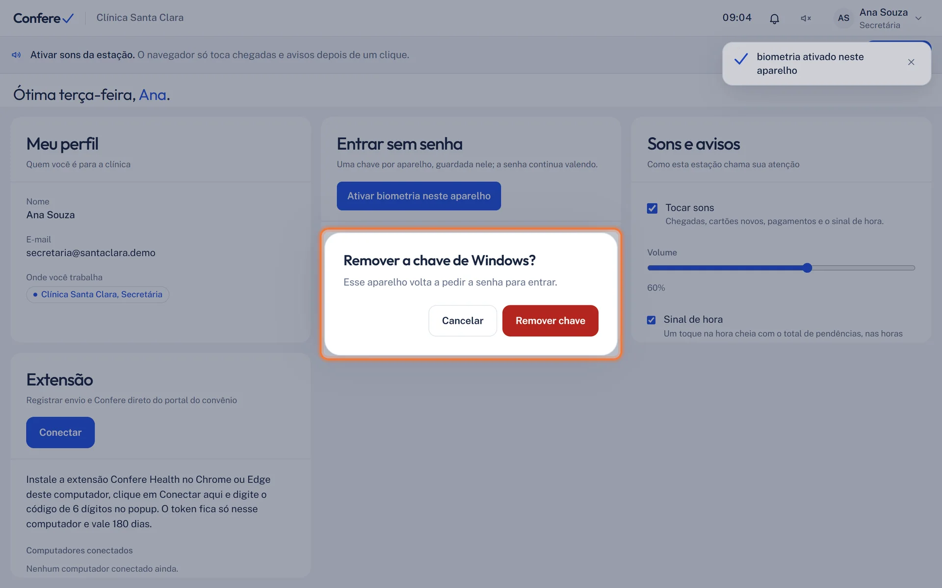 Confirmação Remover a chave de Windows com o botão Remover chave