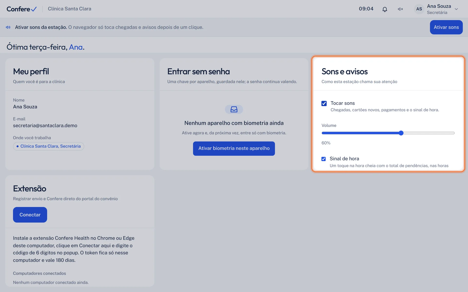 Painel Sons e avisos com Tocar sons, Volume e Sinal de hora