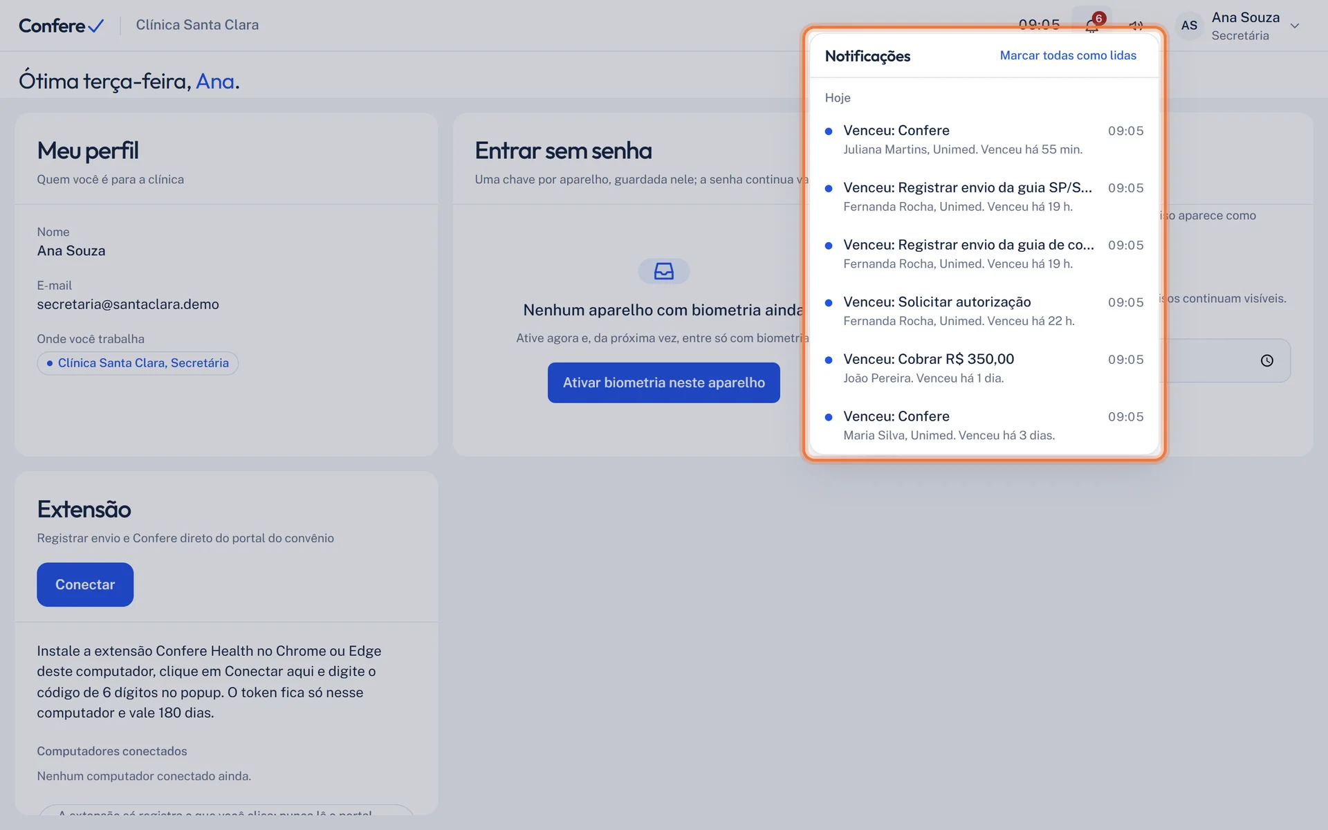 Lista de Notificações aberta embaixo do sino, com os avisos de hoje