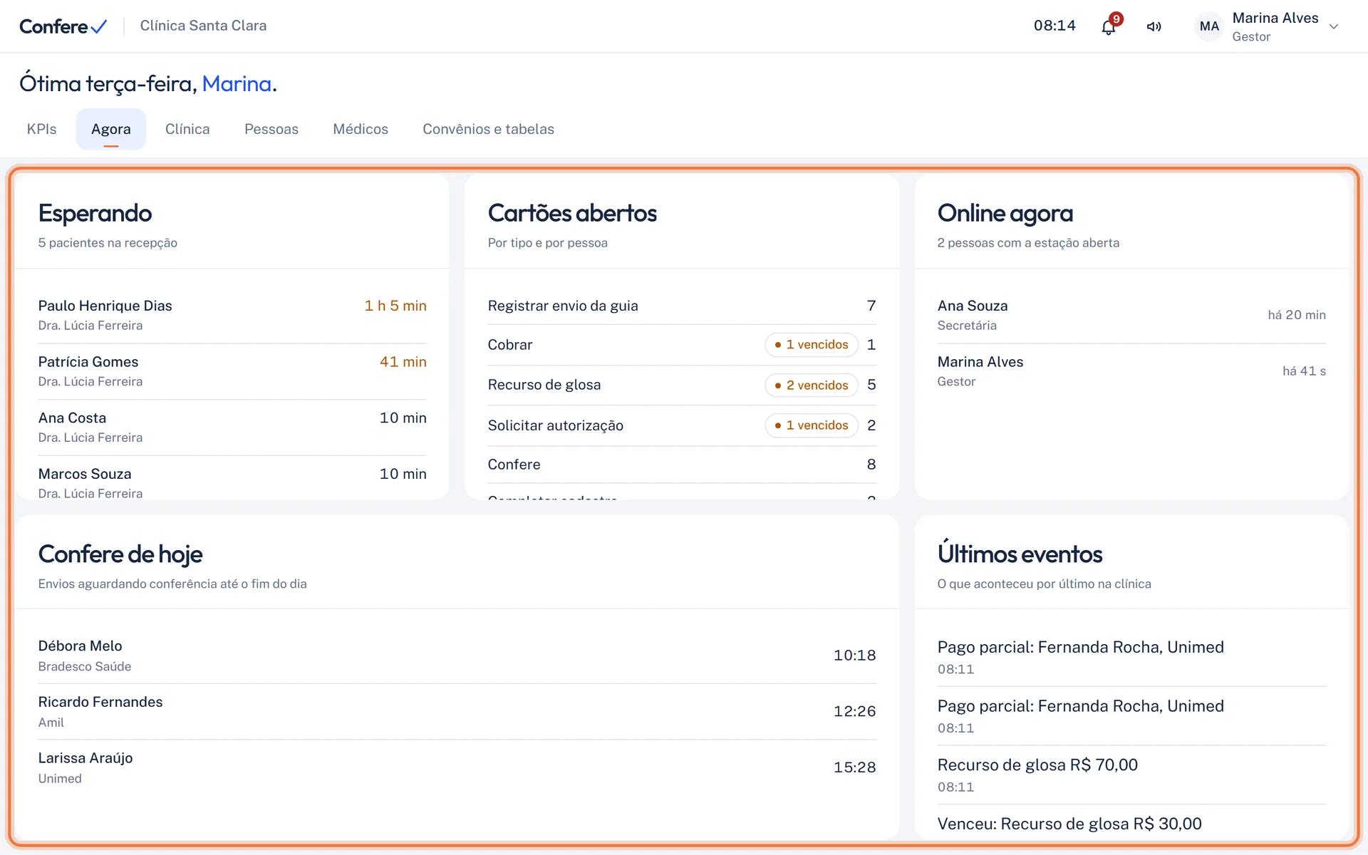 Aba Agora com os painéis Esperando, Cartões abertos, Online agora, Confere de hoje e Últimos eventos