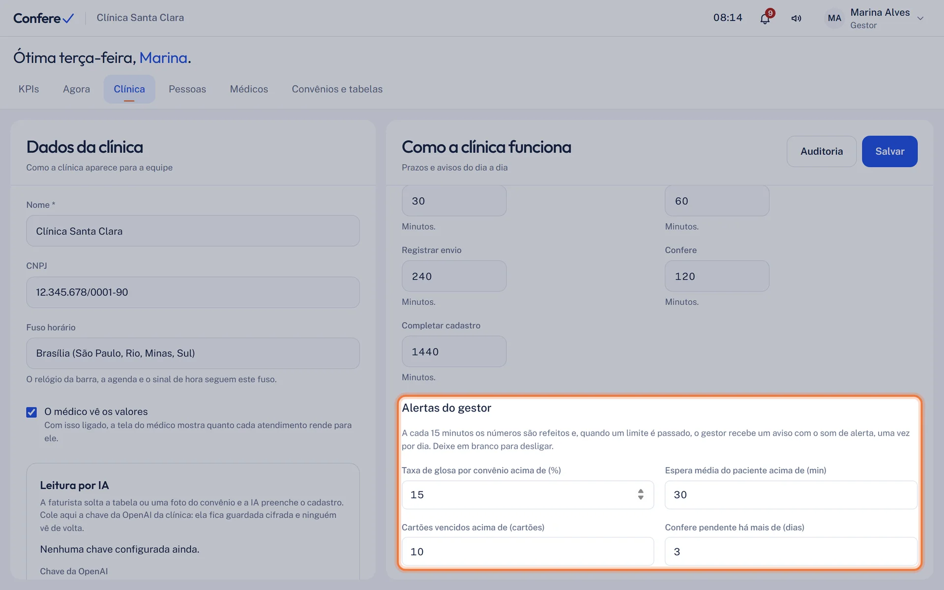 Seção Alertas do gestor com os limites de glosa, espera, cartões vencidos e Confere pendente