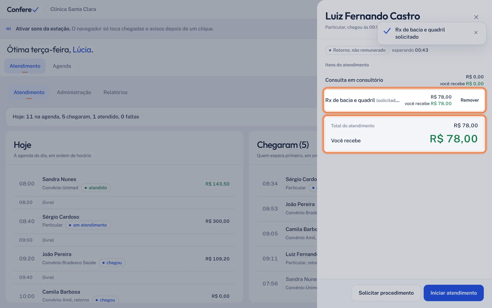 Exame solicitado na lista de itens, com valor, e o Você recebe atualizado