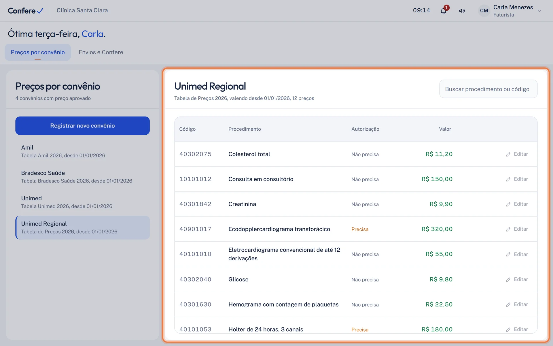 Tabela de preços da Unimed Regional com código, procedimento, autorização e valor de cada linha