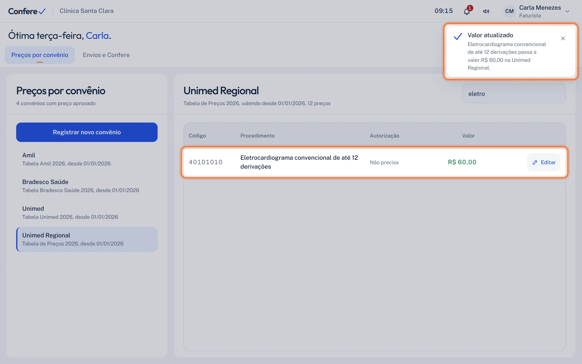 Linha do eletrocardiograma com R$ 60,00 e o aviso Valor atualizado no alto da tela