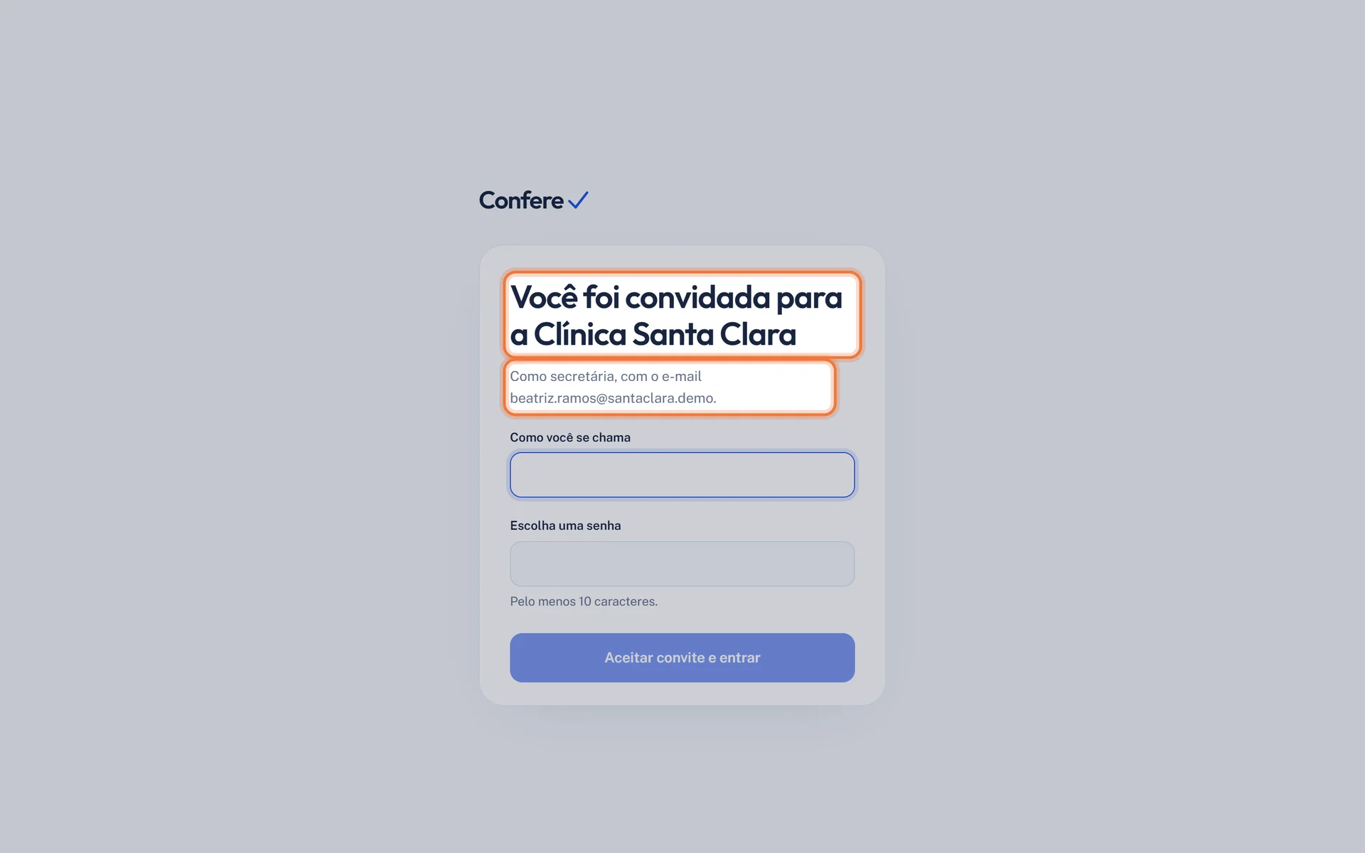 Tela Você foi convidada para a Clínica Santa Clara, com o perfil de secretária e o e-mail convidado destacados