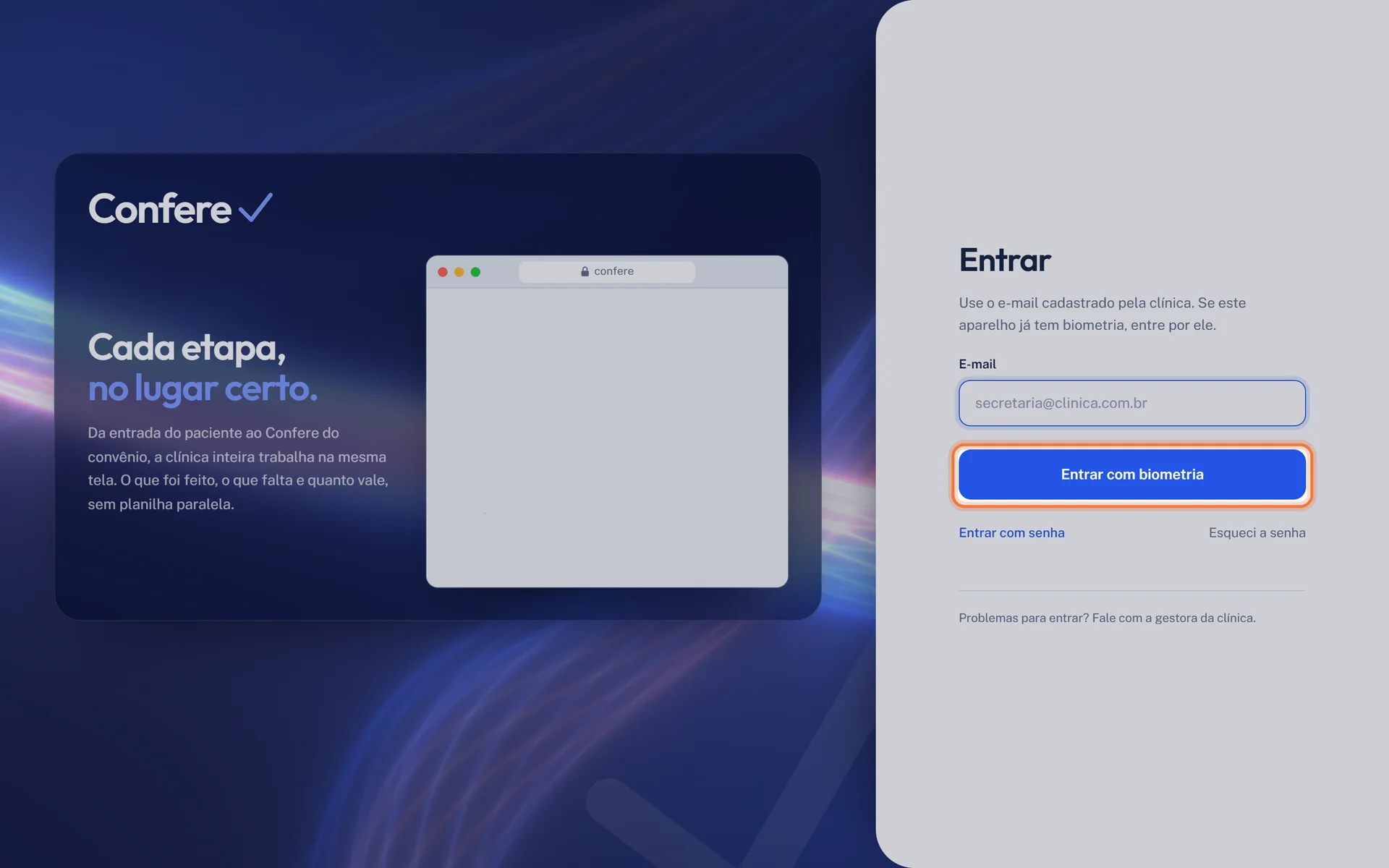 Tela Entrar com o botão Entrar com biometria destacado