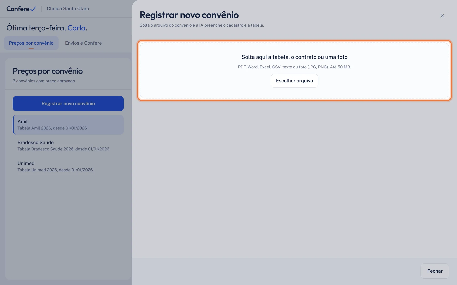 Gaveta Registrar novo convênio com a área Solta aqui a tabela, o contrato ou uma foto e o botão Escolher arquivo