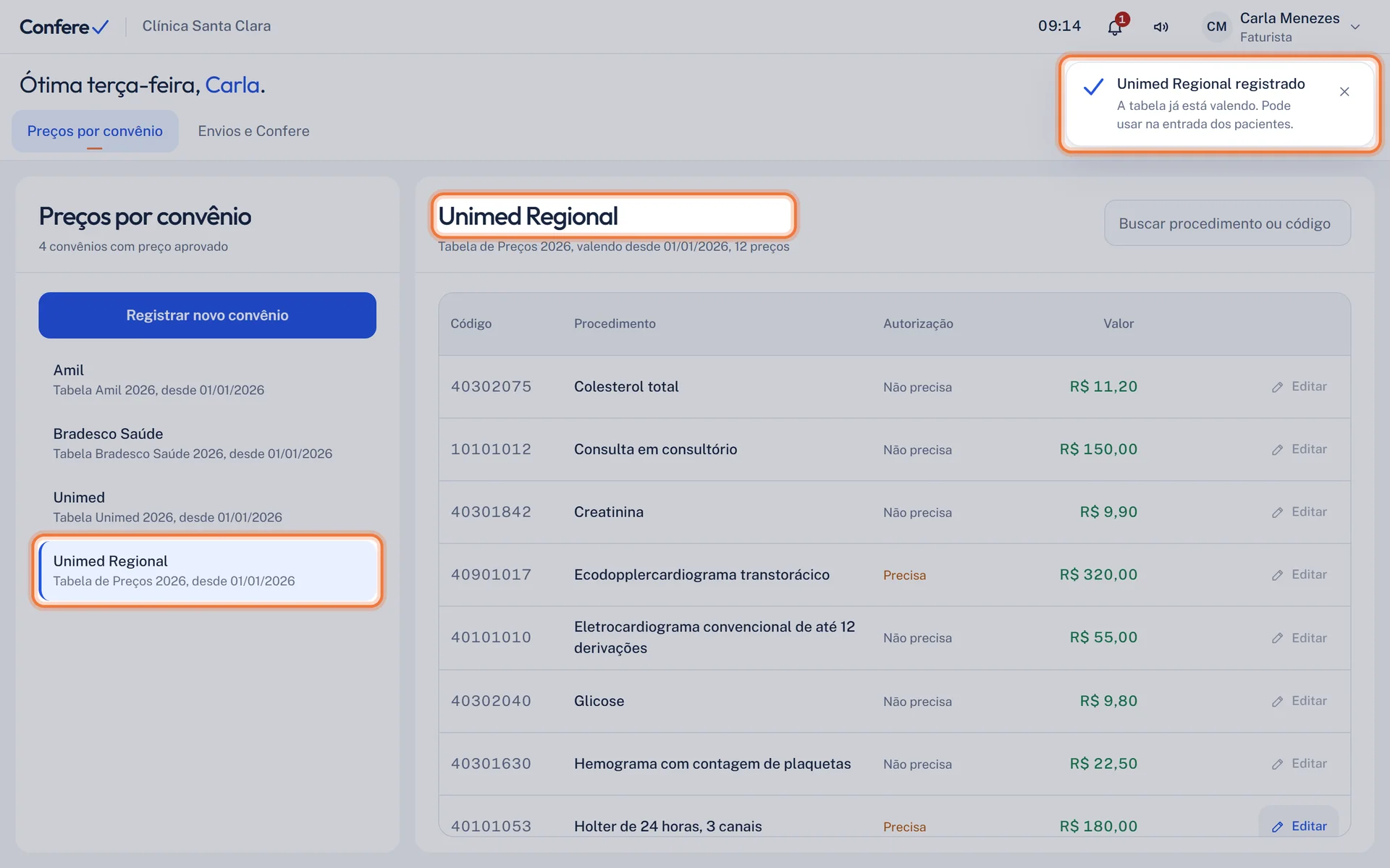 Lista de convênios com a Unimed Regional selecionada, os preços aprovados e o aviso Unimed Regional registrado no alto